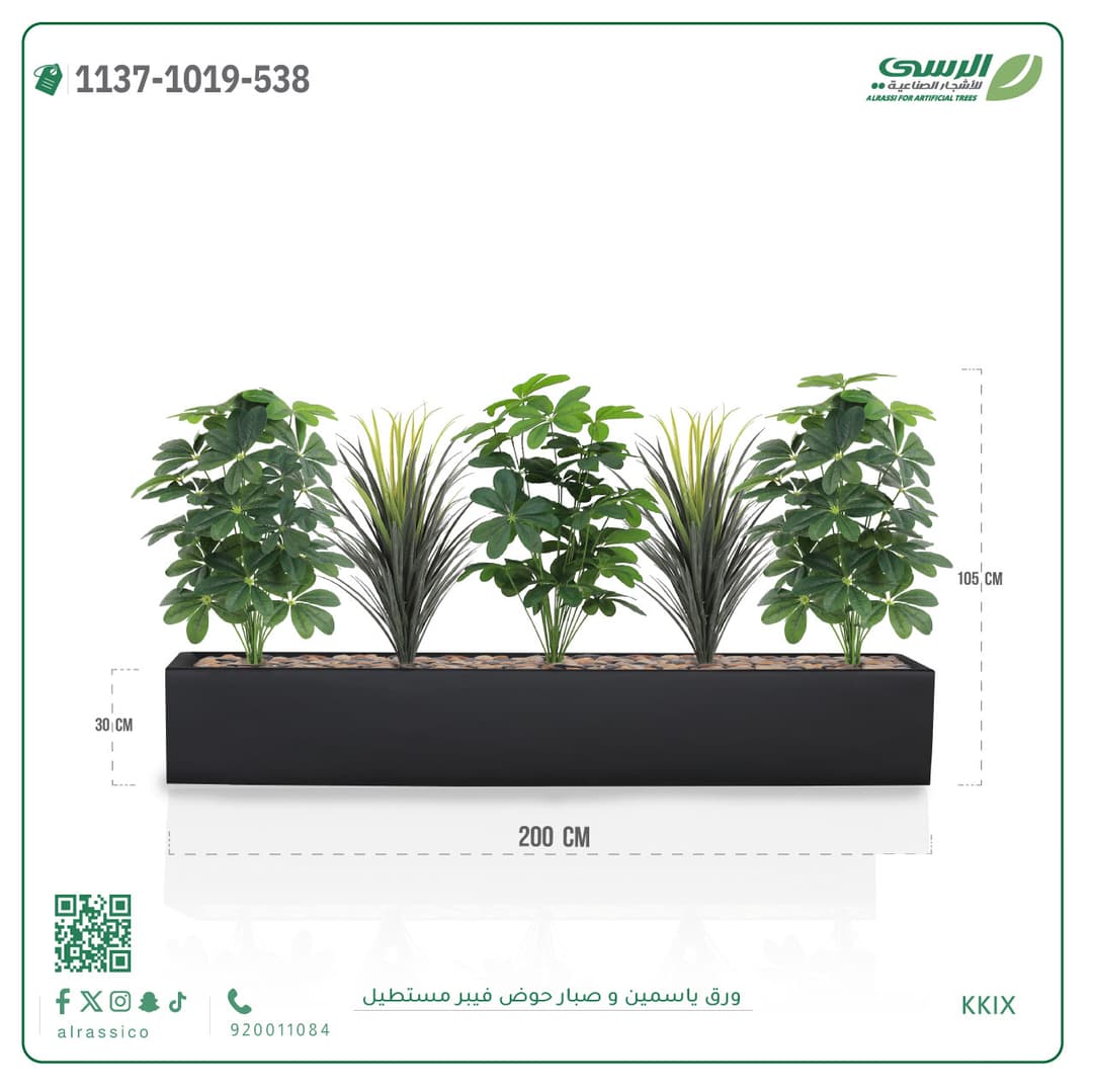 Arrangement of jasmine foliage and cactus in a rectangular fiberglass planter