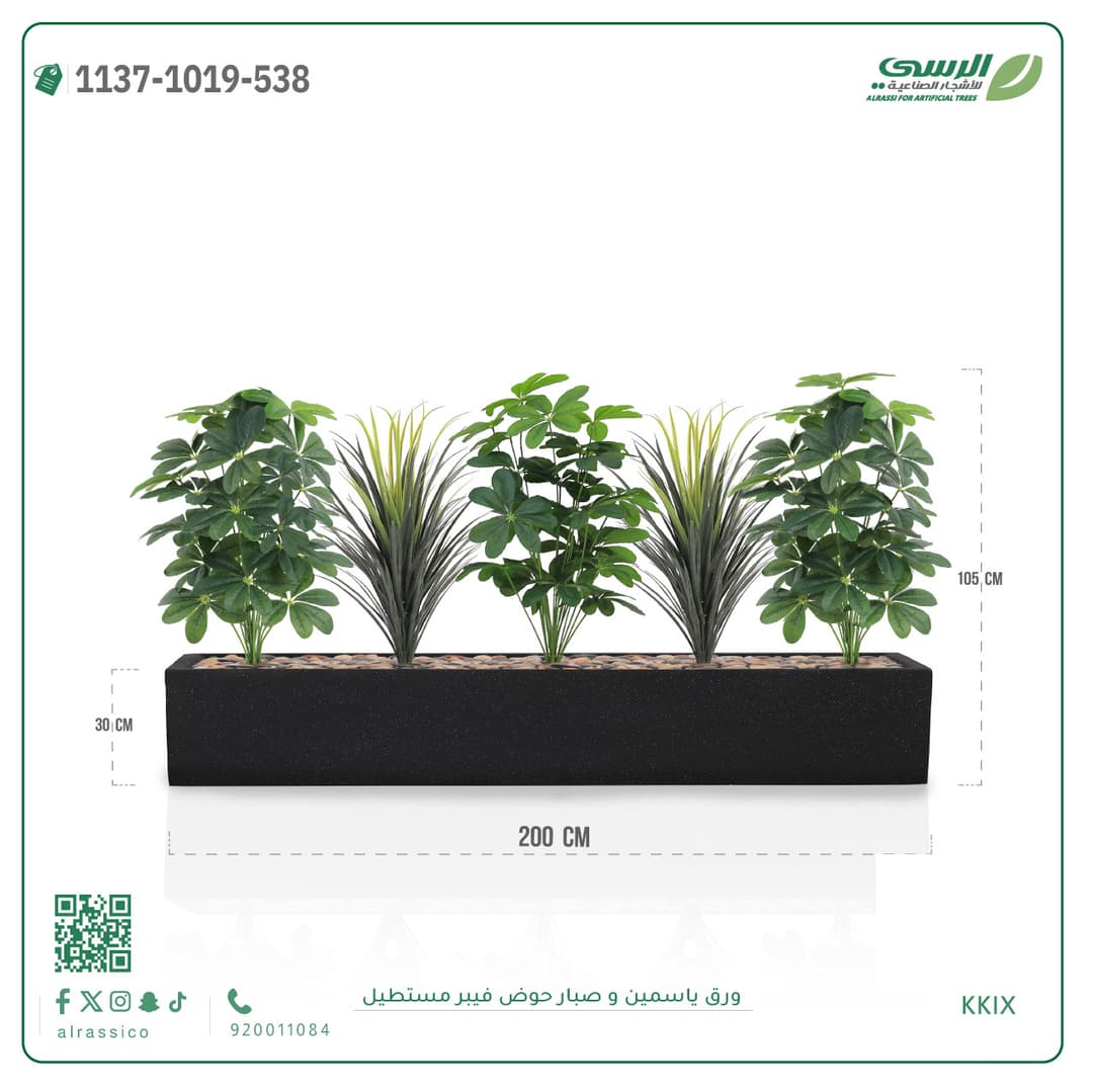 Arrangement of jasmine foliage and cactus in a rectangular fiberglass planter